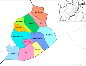 Sabari District shown in dark green in the northwest part of Khost Province