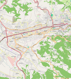 Mapa konturowa Sarajewa, po prawej nieco u góry znajduje się punkt z opisem „Ars Aevi”