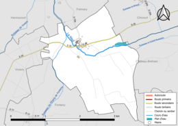 Carte en couleur présentant le réseau hydrographique de la commune