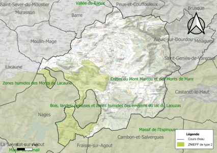 Carte de la ZNIEFF de type 2 sur la commune.