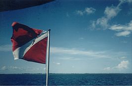 De vlag van de staat Pará in een barkas met het uitzicht op de rivier de Tapajós