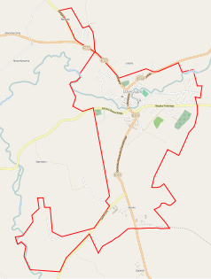 Mapa konturowa Dzierzgonia, na dole po prawej znajduje się punkt z opisem „Dzierzgoń”