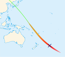 Map of the Pacific Ocean with a trail running from the top left corner to the bottom right corner, with a cross near the end.