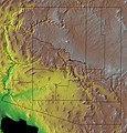 The long Parker Valley (green) along the Colorado River in southwestern Arizona and southeastern California, shown running north–south on left side of Arizona topographic map.