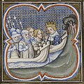 Miniature représentant Louis IX à bord d'un navire, s'entretenant avec des soldats.