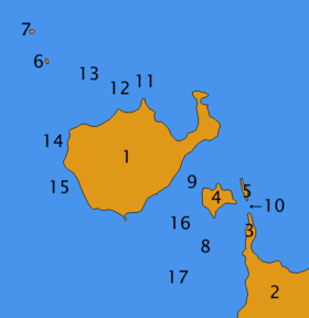 1-Aegna, 2-Viimsi poolsaar, 3-Rohuneeme, 4-Kräsuli, 5-Kumbli, 6-Peenekarikrunn, 7-Vullikrunn, 8-Linnalaht, 9-Suursalm, 10-Väikesalm, 11-Peldikukari, 12-Lõhekari, 13-Vahekivi, 14-Liuhkakari, 15-Sitakare, 16-Angerjakari, 17-Holgani kari