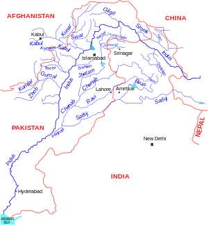 mapa říční sítě řeky s vyznačenými státními hranicemi