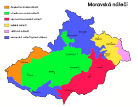 Nářeč�� na území Moravy a českého Slezska:      Středomoravská nářeční skupina      Východomoravská nářeční skupina      Lašská nářečí      Českomoravská nářečí      Těšínské nářečí      Smíšená nářečí (oblasti původně obývané Němci, znovuosídleno po jejich odsunu z roku 1945)