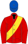 Red, yellow sash, royal blue cap