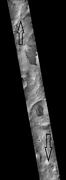 Schmidt (Martian crater), as seen by CTX camera (on Mars Reconnaissance Orbiter). Arrows indicate the north and south rims of crater.