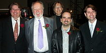 Image of several composers including Malcolm Forsyth during a performance of their music in April 2005