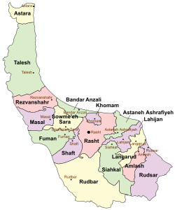 Location of Rezvanshahr County in Gilan province (left, pink)