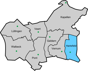 Locatie van Hartefeld binnen de gemeente Geldern