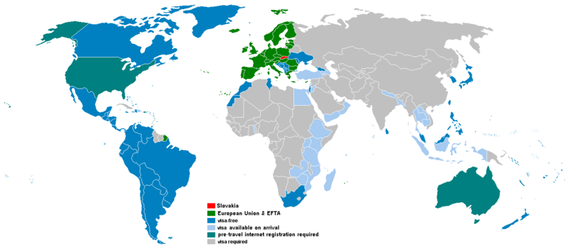 Країни та території з безвізовим в'їздом для громадян Словаччини та можливості оформлення візи по прибуттю в країну призначення