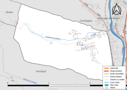 Carte en couleur présentant le réseau hydrographique de la commune