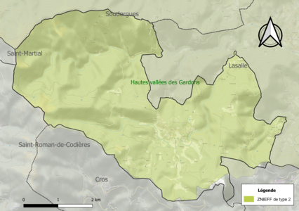 Carte de la ZNIEFF de type 2 sur la commune.