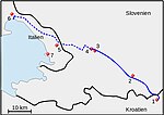 Reka-Timavo. Streckad linje visar trolig underjordisk sträckning. 1=Vela Voda (flod). 2=Ilirska Bistrica. 3=Vremski Britof. 4=Škocjan. 5=Trebiciano. 6=Monfalcone. 7=Trieste