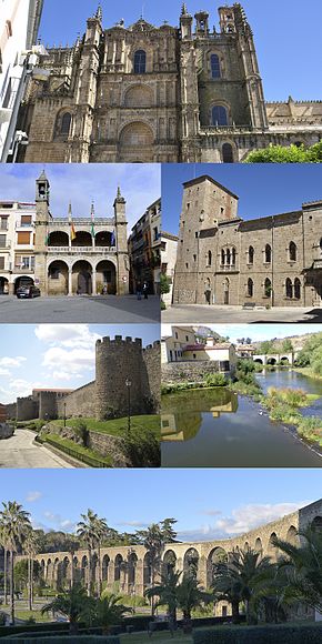 De cima para baixo e da esquerda para a direita: 1) Catedral Nova; 2) Casa Consistorial, sede do ayuntamiento, na Plaza Mayor; 3) Palácio dos Monroy (Casa das Duas Torres; 4) Muralhas; 5) Rio Jerte; 6) Aqueduto de San Antón.