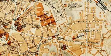 The central area corresponding to Via Giulia, Via della Consolazione, and Via Porta Pia, map published in 1886[4]