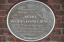 Brown plaque for Wollstonecraft at her final home, in Camden