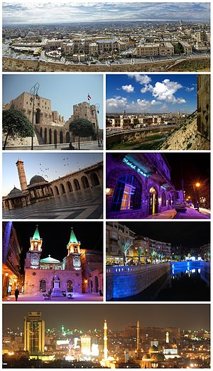 Kota Kuno Aleppo Benteng Aleppo • Jalan menuju Pasar Lama al-Madinah Masjid Agung Aleppo • Hotel Baron Katedral Saint Elias • Sungai Quwaiq Panorama Aleppo saat malam hari