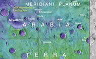 Annotated elevation map of Opportunity landing site and some surrounding craters including Endeavour and Miyamato