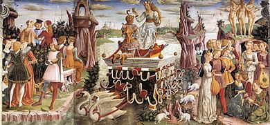 Fresco. At the centre of a surreal landscape, the richly dressed goddess is drawn down a stream on an ornate contraption pulled by swans. Young women are grouped to the right and young men to the left of the scene. In the foreground are white rabbits.