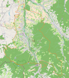 Mapa konturowa Ustronia, blisko centrum po prawej na dole znajduje się punkt z opisem „Przełącz”