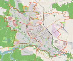 Mapa konturowa Żytomierza, po lewej znajduje się punkt z opisem „Monaster św. Anastazji Rzymianki”