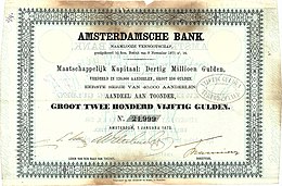 Oprichtingsaandeel van de Amsterdamsche Bank voor 250 gulden, uitgegeven op 1 januari 1872. Na de fusie in 1964 met de Rotterdamsche Bank ontstond de grootste bank van Nederland, de Amsterdam-Rotterdamsche Bank (Amro Bank), met zetel in Amsterdam.