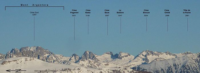 Panorama légendé du chaînon principal du massif de l'Argentera.