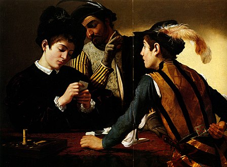 Grający w karty (Michelangelo Merisi da Caravaggio) „Jeśli siadasz przy tym stole zważ, że światło nie najlepsze A partnerzy w każdym razie przypadkowi. [...] Swoje zapasowe asy trzymaj długo blisko nerek Póki nie zostanie ci już nic innego.” — Szulerzy