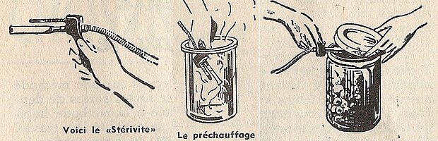 Trois croquis se succèdent : à gauche, une main tient le manche de l’appareil, le tuyau d’où la vapeur doit sortir étant horizontal ; au centre la main plonge l’appareil jusqu’au fond d’un bocal transparent, vide, pour le préchauffage ; à droite, l’appareil est introduit à l’horizontale sous le couvercle quasiment rabattu sur le bocal rempli d’aliment.