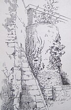 Gravure d'une tour médiévale des anciennes fortifications.