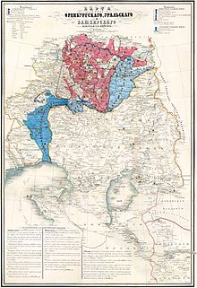 Карта Оренбургского, Уральского и Башкирского казачьих войск в 1858 году. Оренбургские казаки обозначены светло-голубым цветом