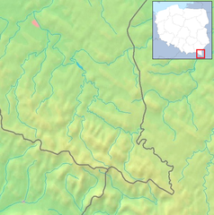 Mapa konturowa Bieszczadów Zachodnich, blisko centrum na dole znajduje się czarny trójkącik z opisem „Kosowiec”