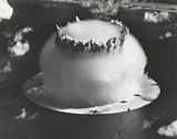 The water column from the 21-kiloton Crossroads Baker test, involving a nuclear underwater explosion, showing a prominent, spherical Wilson cloud