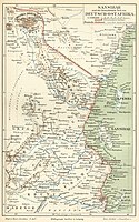 Historical map with "Kilima-Ndscharo" in German East Africa, 1888