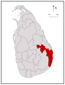 අම්පාර දිස්ත්‍රික්කය ඉස්මතු කොට දැක්වුනු ශ්‍රී ලංකාවේ සිතියමක්