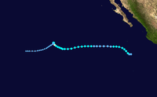 A map of the path of a hurricane over the Eastern Pacific Ocean. The system initially moves northwestward for a very short distance before switching to a generally westward heading, which it maintains for much of its existence. During the latter half of its tenure, the system briefly moves west-northwestward before nearly stalling. After degenerating into a remnant low, the system turns to the west-southwest and proceeds to gradually curve back to the west, at nearly the same latitude where its previous westward motion had been; it continues in this general direction until it dissipates.