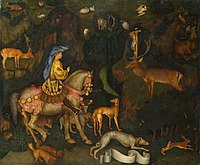 The Vision of Saint Eustace, Pisanello, with pastiglia on the metal parts of the horse trapping