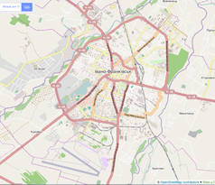 Mapa konturowa Iwano-Frankiwska, w centrum znajduje się punkt z opisem „Miejski Stadion Centralny "Ruch"”