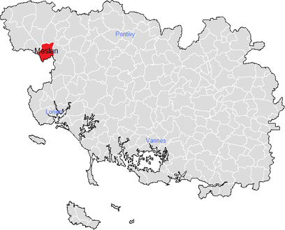 Carte représentant par des couleurs différentes l'emplacement d'une commune au sein de son département.