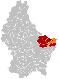 Map of Luxembourg with روسپورت highlighted in orange, the district in dark grey, and the canton in dark red