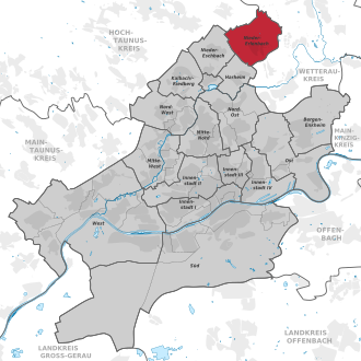 Carte situant l'arrondissement (en rouge) au sein du reste de la ville (en gris)