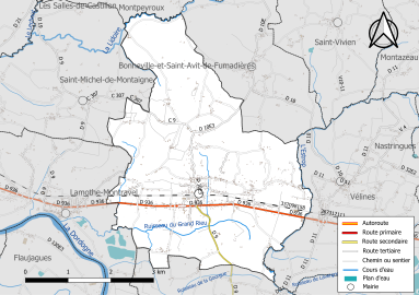 Carte en couleur présentant le réseau hydrographique de la commune