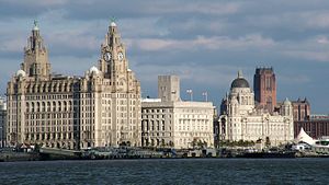 The three graces of Liverpool's waterfront: the Royal Liver Building, the Cunard Building and the Port of Liverpool Building. Visible in the background is Liverpool's Anglican Cathedral.