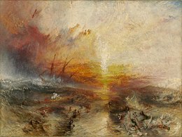 A painting entitled "The Slave Ship" door J. M. W. Turner. In the background, the sun shines through a storm while large waves hit the sides of a sailing ship. In t