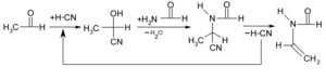 A three-reaction chemical synthesis scheme leading to N-vinyl formamide