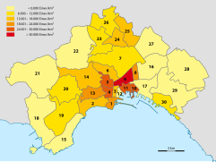 Die Stadtteile Neapels nach Bevölkerungsdichte, 2009[13]